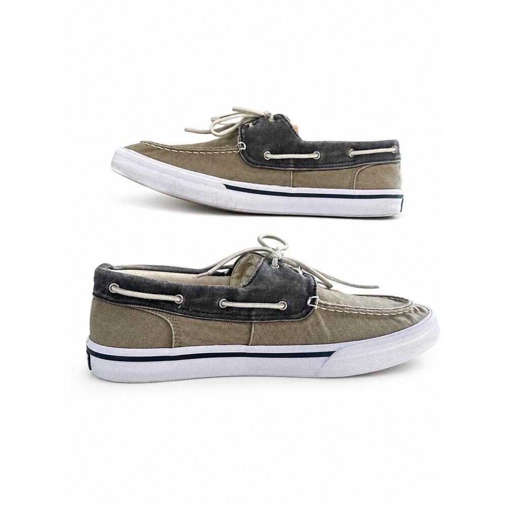 Sperry Top-Sider STS1782 Mens 7.5M Canvas Boat Shoes Tan Navy Coastal Old Money